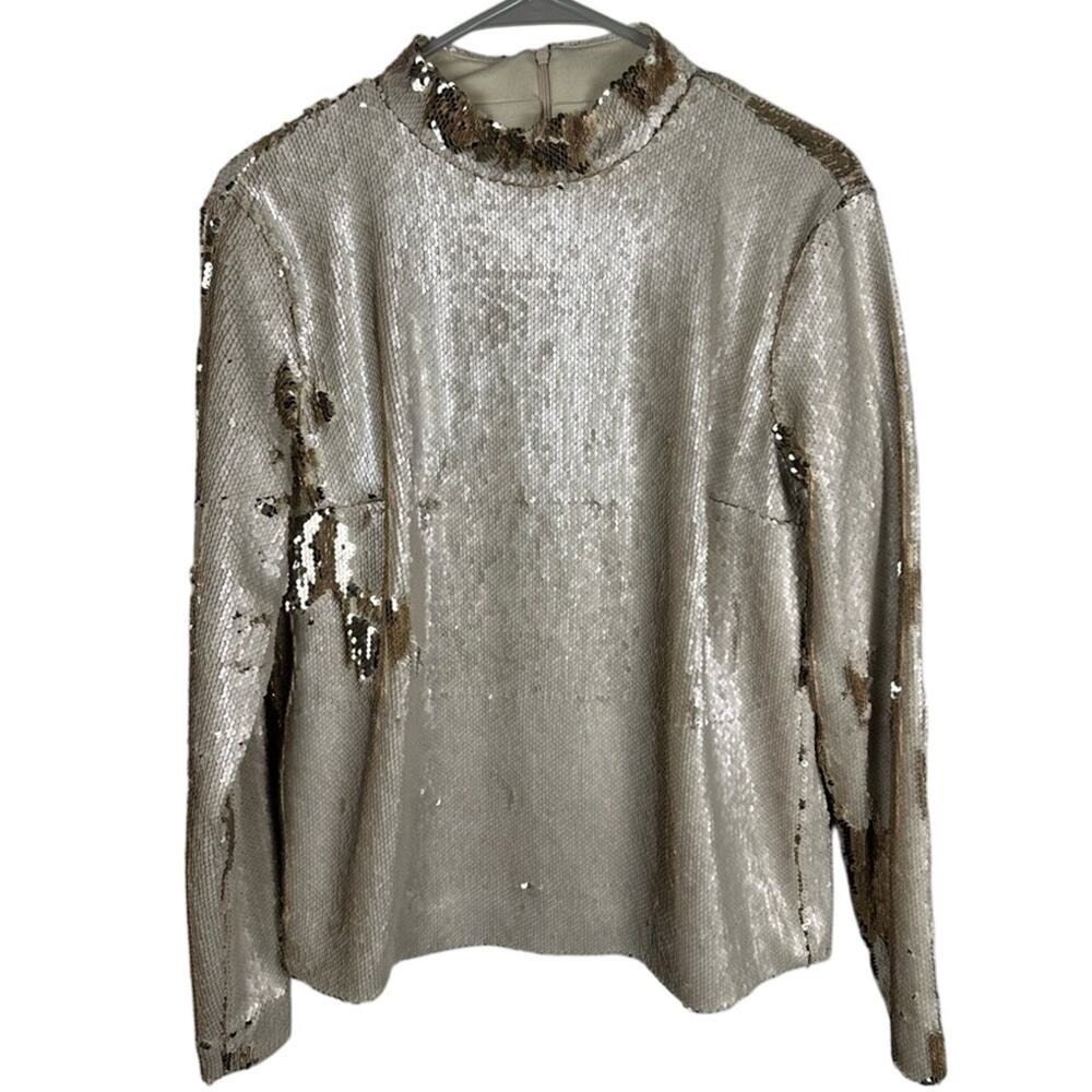 NWT Second Female Gold Champagne Flip Sequin Split Back Mock Neck Blouse Medium
